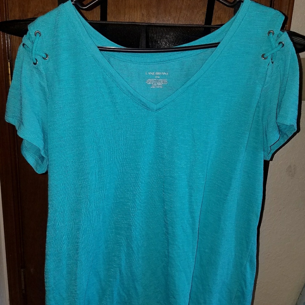 V-neck teal tee, semi-open shoulders
